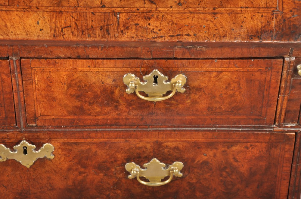 An early 18th-century burr walnut slant-front bureau featuring brass drop handles, keyhole escutcheons, and a chest of drawers base. View X