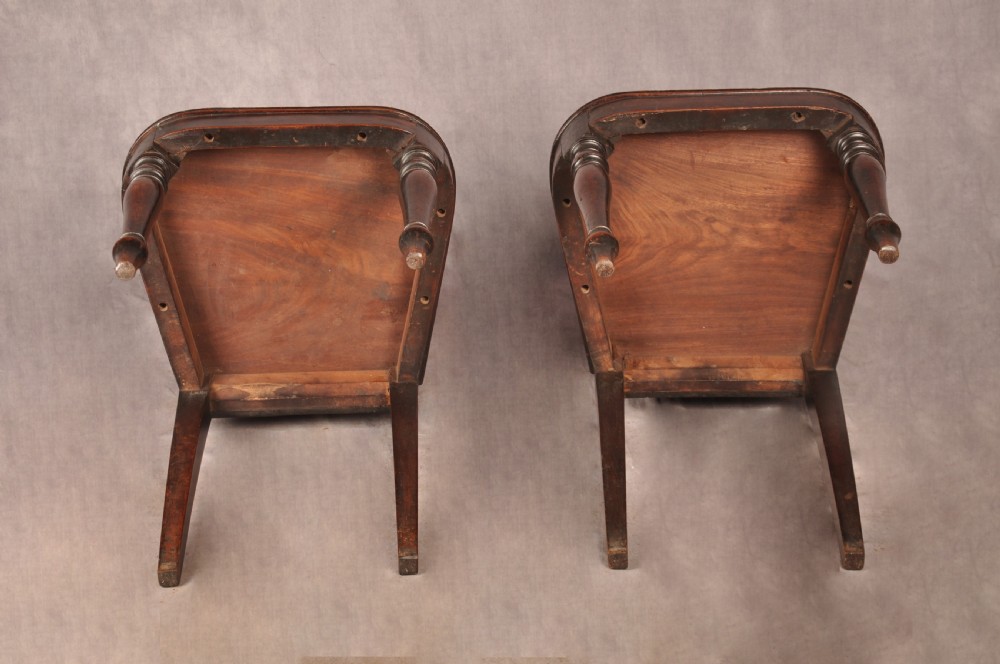 A pair of antique dark mahogany Regency hall chairs featuring solid seats, turned front legs, and shaped backrests decorated with oval armorial crest medallions. View XII