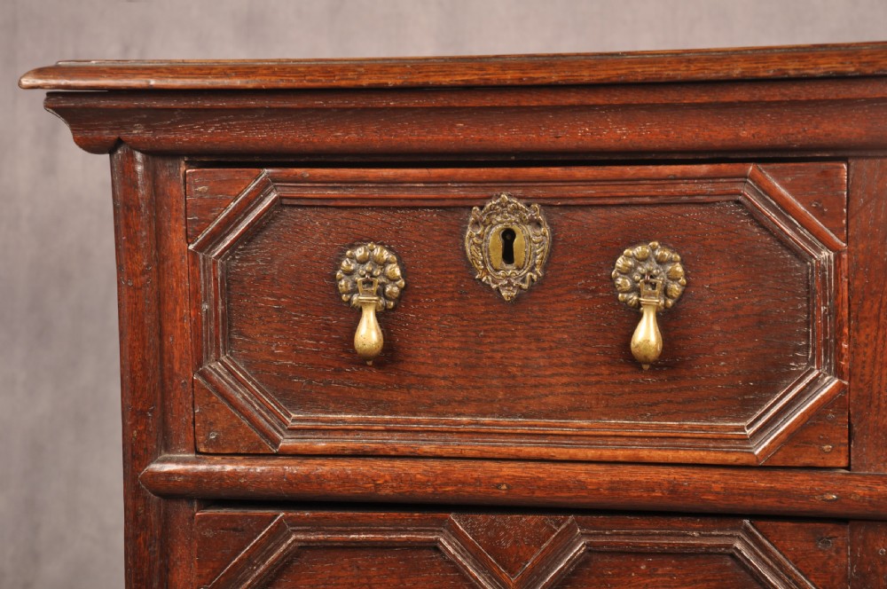 A Charles II dark oak chest of drawers featuring geometric moulded drawer panels, brass teardrop handles, keyhole escutcheons, and bun feet. View IX