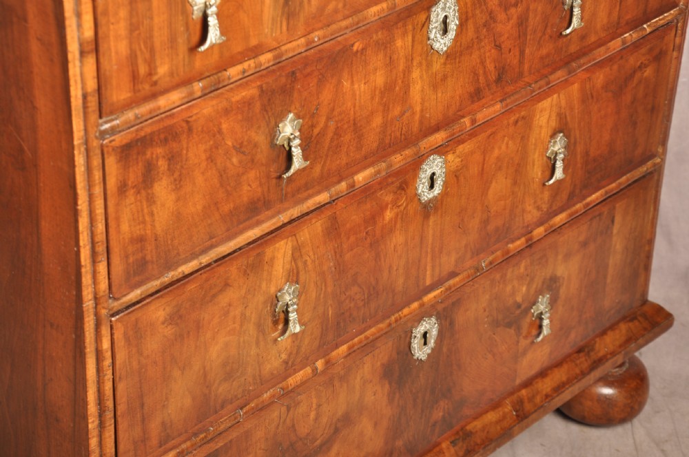 A 17th-century walnut chest of drawers featuring two short drawers over three long drawers, brass drop handles, keyhole escutcheons, and large turned bun feet. View XI