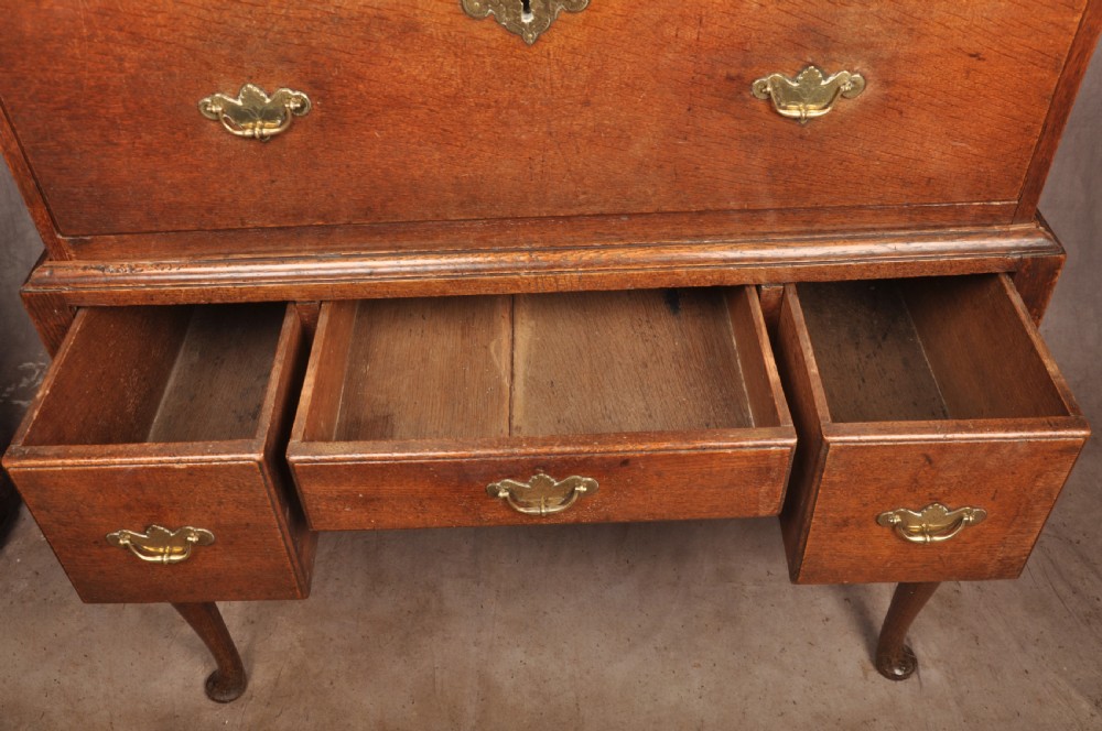 An 18th-century George I oak chest on stand featuring multiple graduated drawers with brass handles, resting on shaped cabriole legs. View VII