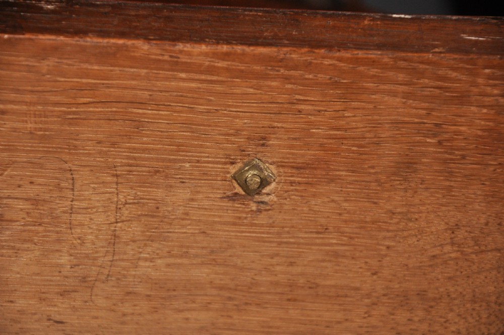 A 17th-century burr walnut bureau cabinet featuring double arched mirrored doors above a slant-front writing desk and drawers on compressed bun feet. View XV