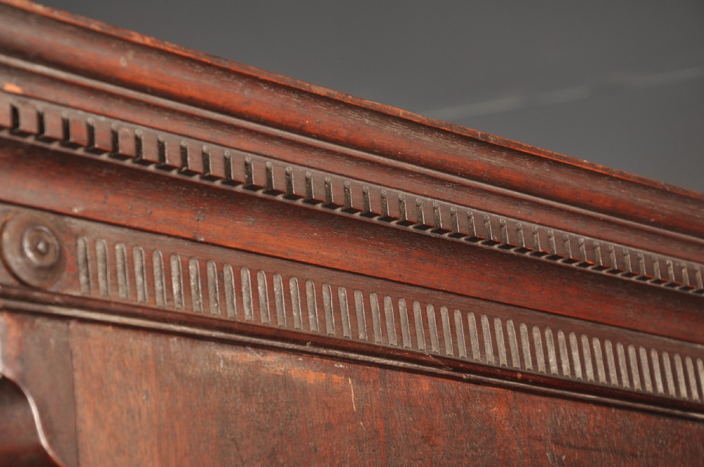 An 18th-century mahogany tallboy featuring stacked upper and lower drawer sections, brass swan-neck handles, fluted sides, and bracket feet. View XIII