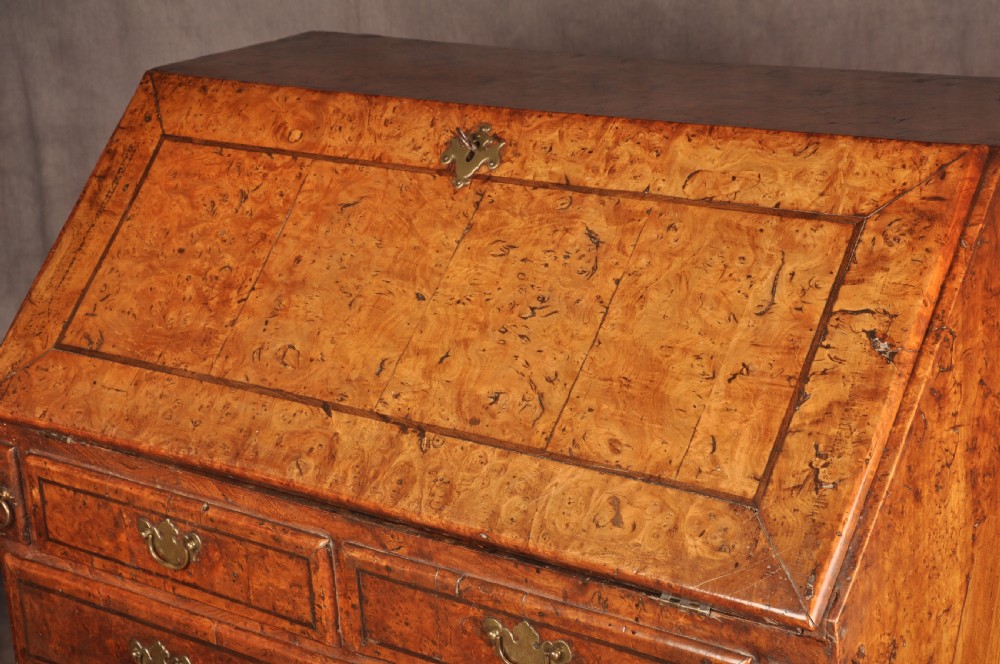 An early 18th-century burr elm slant-front writing bureau featuring figured wood grain, brass drop handles, and bracket feet. View XVI