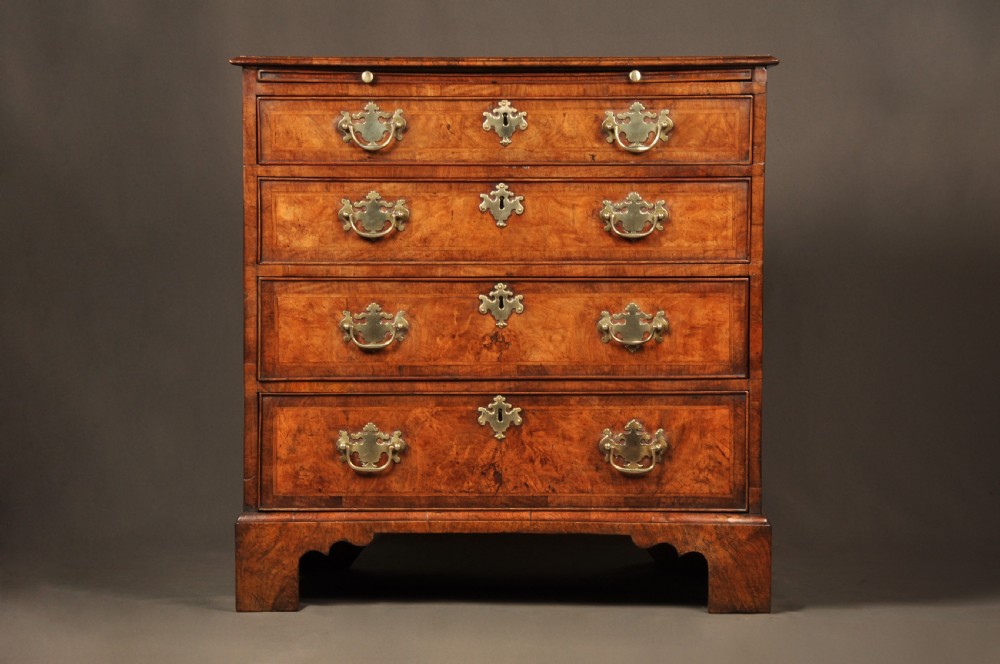 An early George II burr walnut chest of drawers featuring four graduated drawers with brass handles, a brushing slide, featherbanding, and bracket feet.