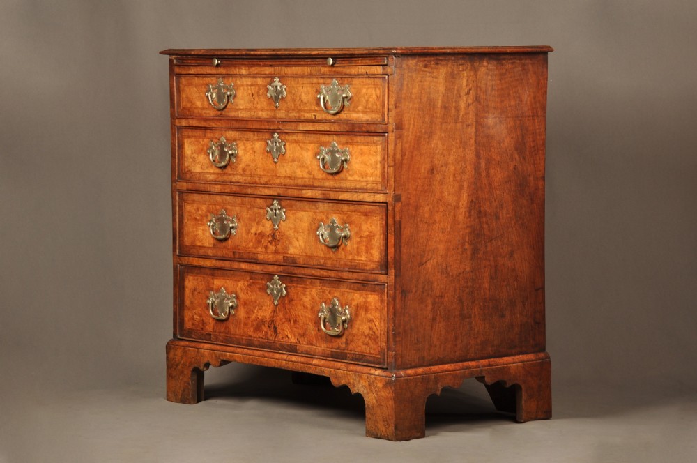 An early George II burr walnut chest of drawers featuring four graduated drawers with brass handles, a brushing slide, featherbanding, and bracket feet. View IV