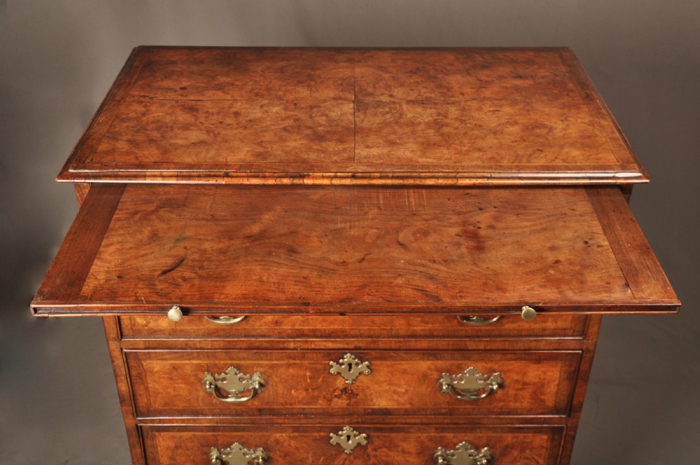 An early George II burr walnut chest of drawers featuring four graduated drawers with brass handles, a brushing slide, featherbanding, and bracket feet. View VIII