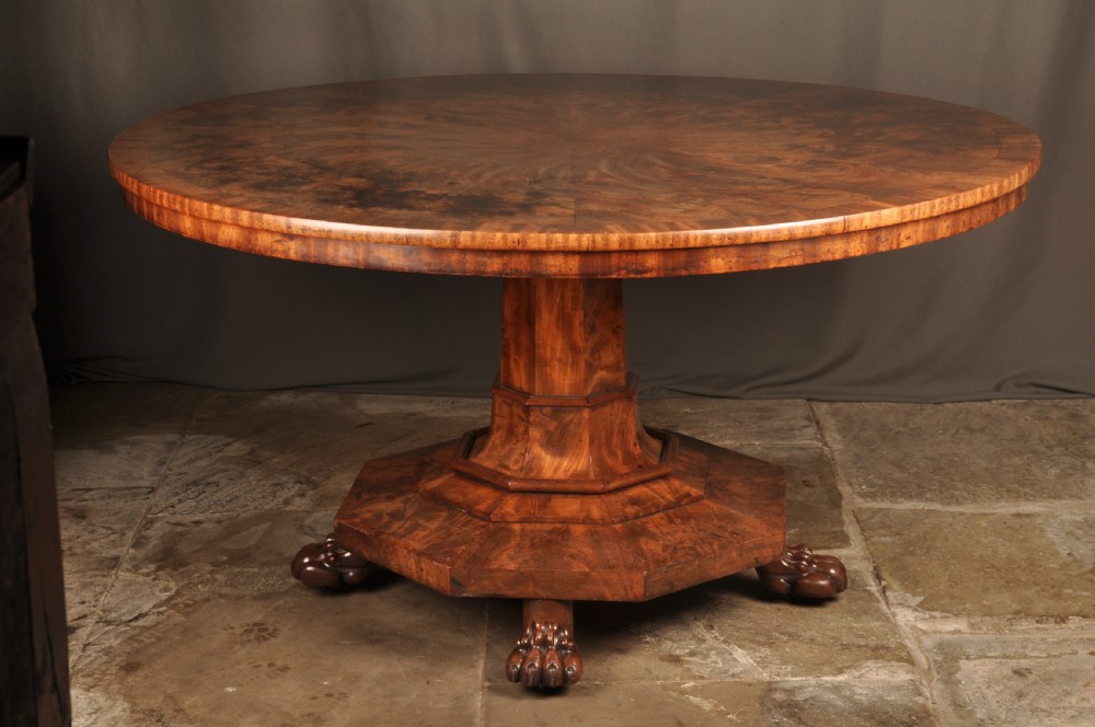 A circular Regency mahogany breakfast table featuring flame mahogany radial veneers, a faceted pedestal, and carved lion paw feet. View V