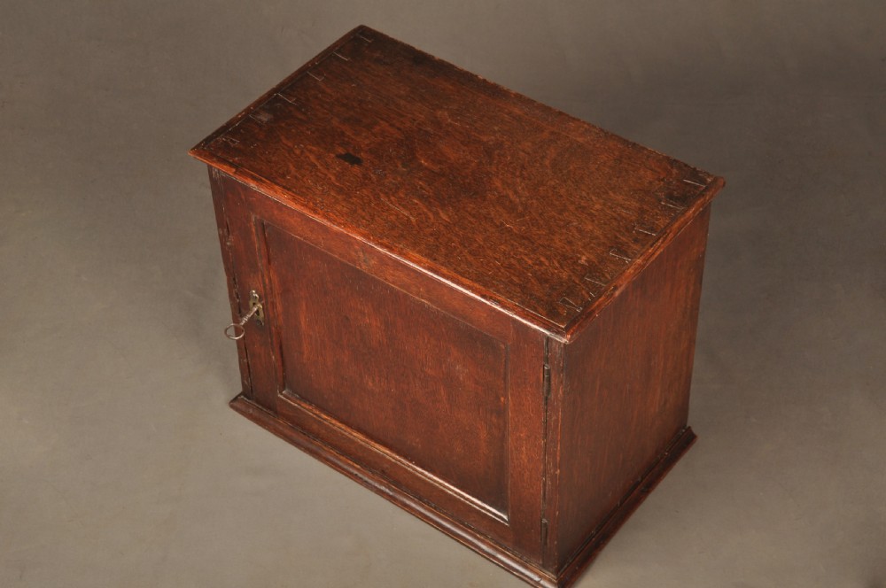 A mid-18th-century oak spice cupboard featuring a single fielded panel door with a brass keyhole escutcheon and a moulded base. View IV