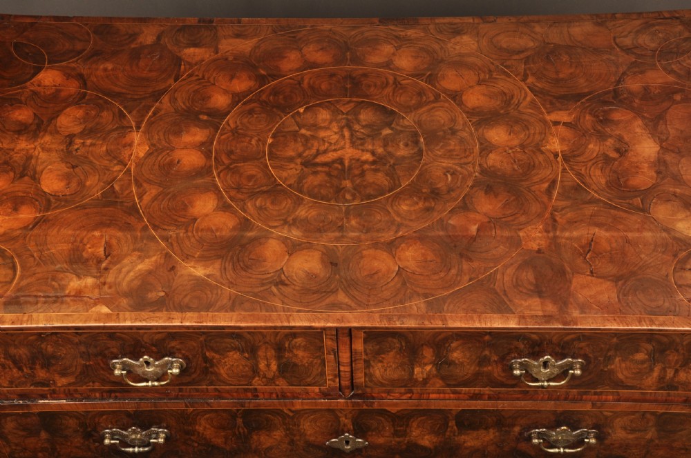 A seventeenth-century olive oyster veneered chest of drawers featuring two short drawers above three long drawers, brass drop handles, and turned bun feet. View IV