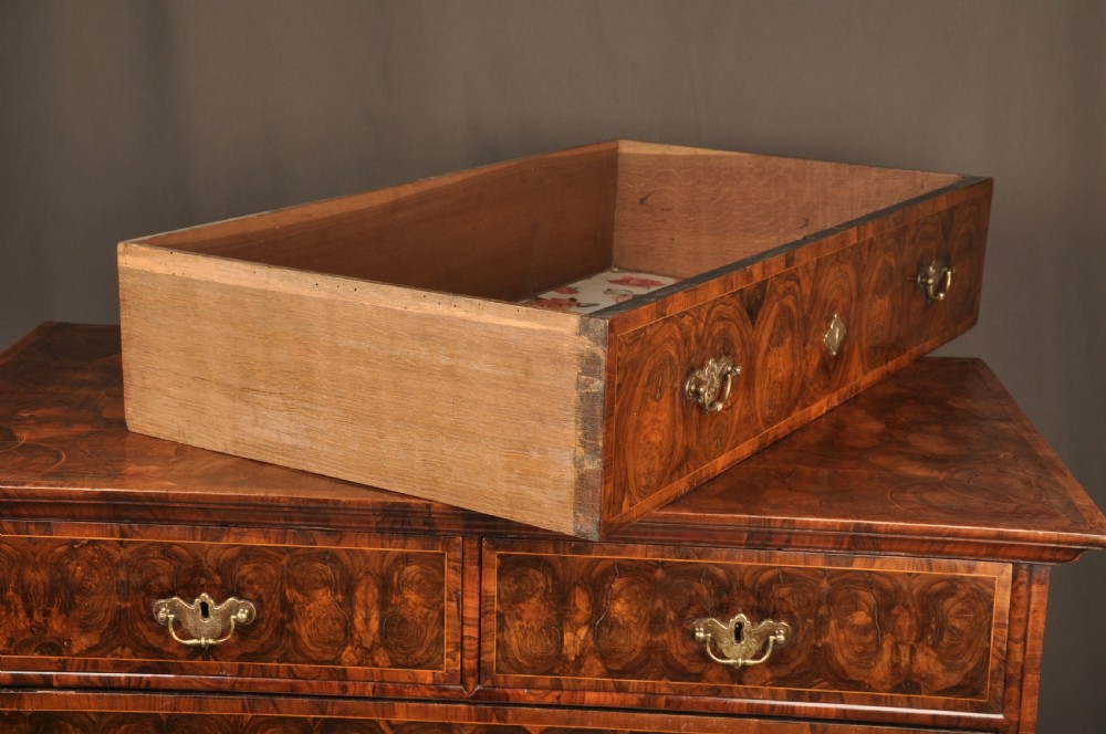 A seventeenth-century olive oyster veneered chest of drawers featuring two short drawers above three long drawers, brass drop handles, and turned bun feet. View VII