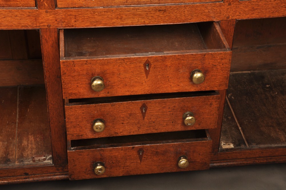 An eighteenth-century warm brown oak dresser featuring an upper three-tier open plate rack above a lower cabinet with drawers and panelled cupboard doors. View XI