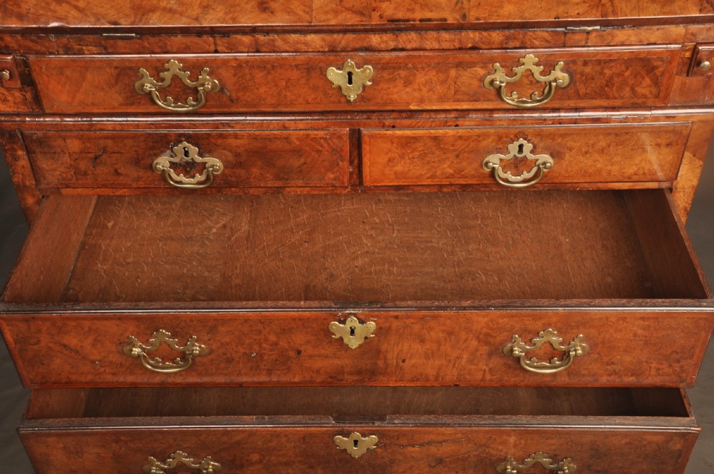 A George I burr walnut bureau bookcase with double mirrored upper doors over a slant-front slope and chest of drawers with brass handles. View V