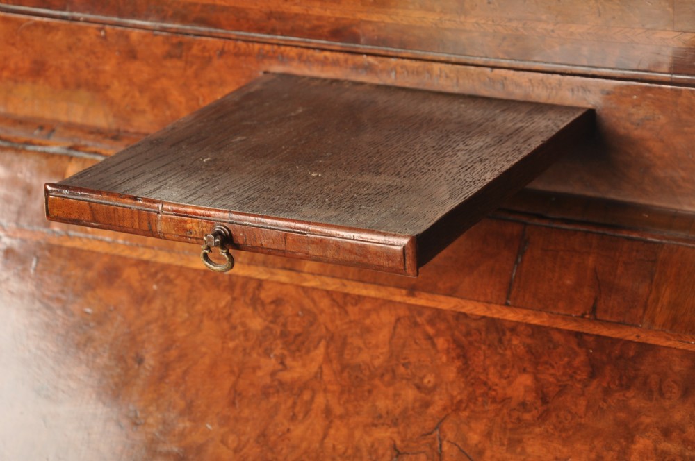 A George I burr walnut bureau bookcase with double mirrored upper doors over a slant-front slope and chest of drawers with brass handles. View XIII