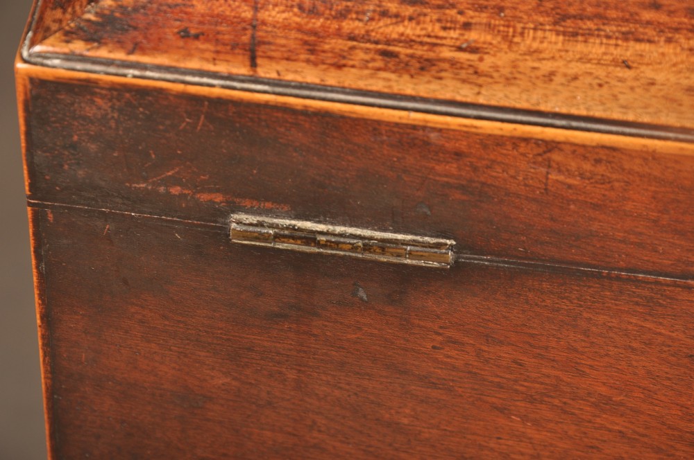 A Sheraton style mahogany cellarette featuring a hinged sarcophagus top, brass side handles, and square tapered legs on brass castors. View VII