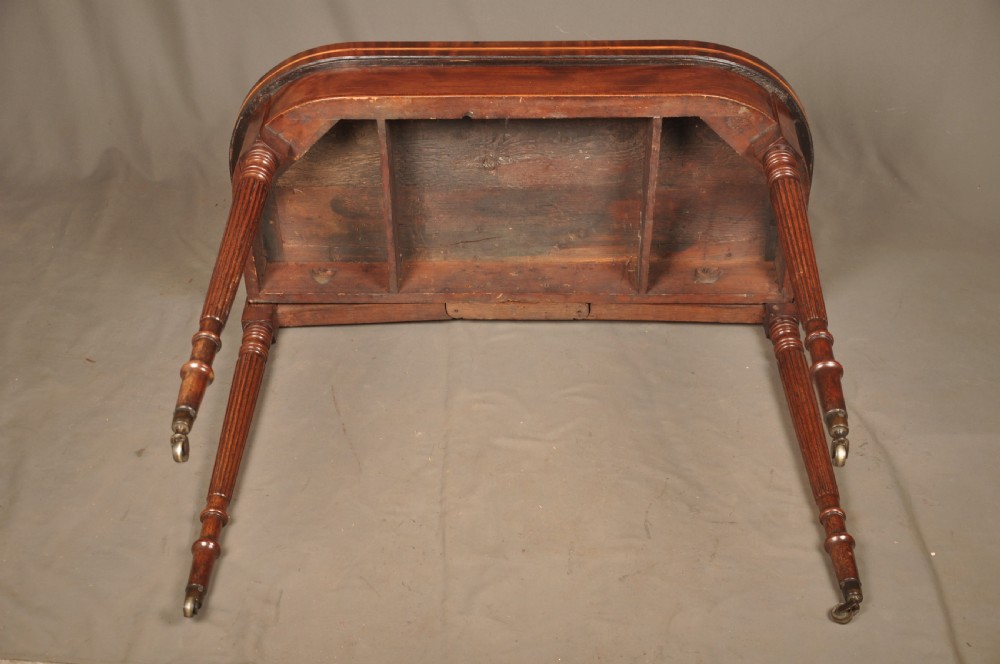 A late eighteenth-century mahogany fold-over card table featuring satinwood inlay, a reeded apron, and fluted legs on brass castors. View XIV