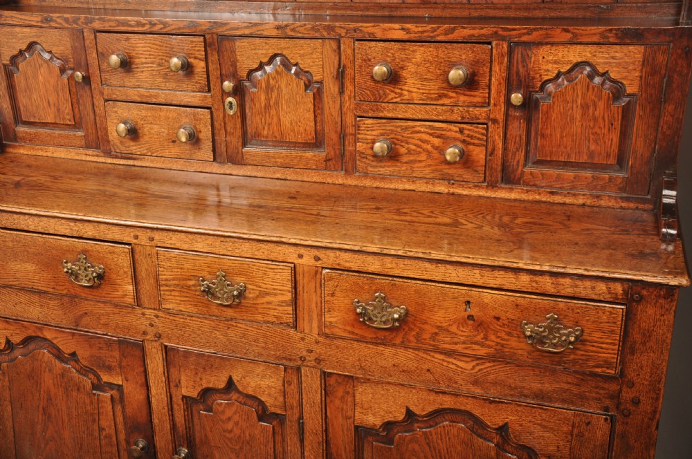 Mid 18th-century English oak dresser featuring an open tiered plate rack above small drawers, resting on a base with three drawers and three arched fielded panel cupboard doors. View III