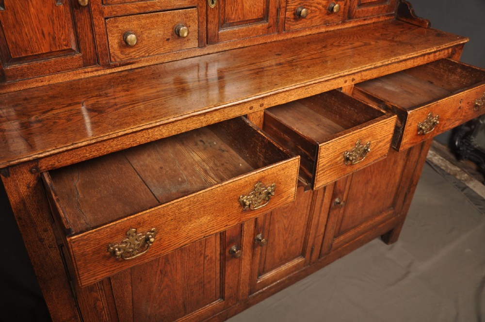 Mid 18th-century English oak dresser featuring an open tiered plate rack above small drawers, resting on a base with three drawers and three arched fielded panel cupboard doors. View IX