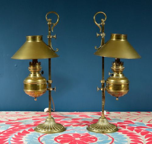 pair of adjustable rise and fall brass oil lamps wired for electricity 19th c - CATEGORY: ANTIQUE LIGHTING - DATED VICTORIAN