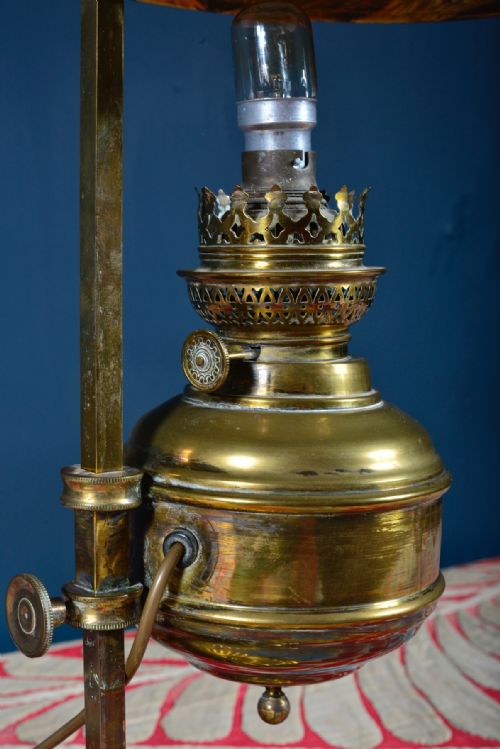 PAIR OF ADJUSTABLE RISE AND FALL BRASS OIL LAMPS WIRED FOR ELECTRICITY 19TH C - ADDITIONAL PHOTO 5