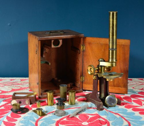 brass microscope by s b solomons 39 albermarle street london c1870 - CATEGORY: ANTIQUE MISCELLANEOUS - DATED VICTORIAN