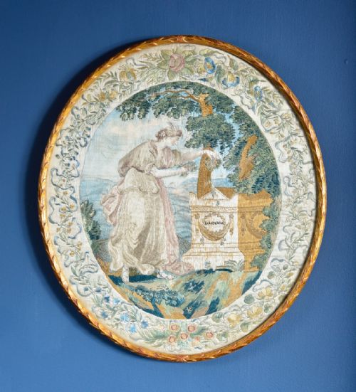 victorian silk work 'the muse of poetry placing a wreath on the tomb of shakespeare' worked by grace wanack nee stratton c1850 - CATEGORY: ANTIQUE MISCELLANEOUS - DATED VICTORIAN