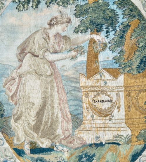 VICTORIAN SILK WORK 'THE MUSE OF POETRY PLACING A WREATH ON THE TOMB OF SHAKESPEARE' WORKED BY GRACE WANACK NEE STRATTON C1850 - ADDITIONAL PHOTO 1