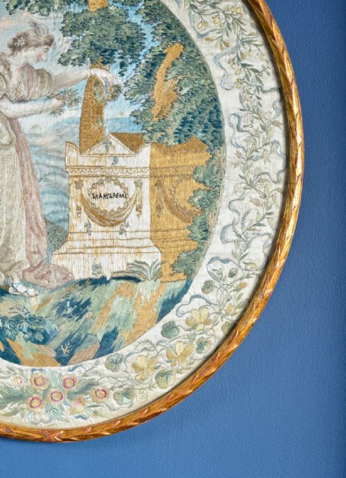 VICTORIAN SILK WORK 'THE MUSE OF POETRY PLACING A WREATH ON THE TOMB OF SHAKESPEARE' WORKED BY GRACE WANACK NEE STRATTON C1850 - ADDITIONAL PHOTO 2