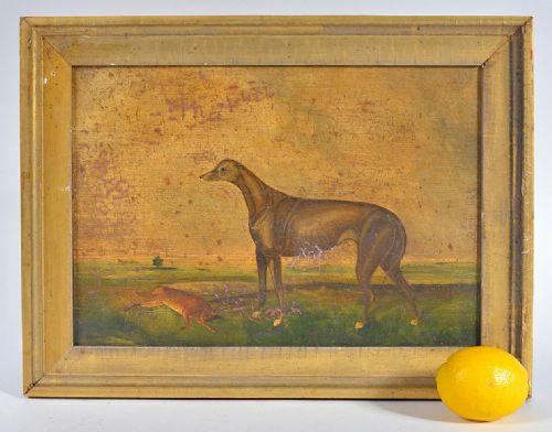 naive school greyhound with dead hare in a landscape oil on panel c1840 - CATEGORY: ANTIQUE ART - DATED 1850
