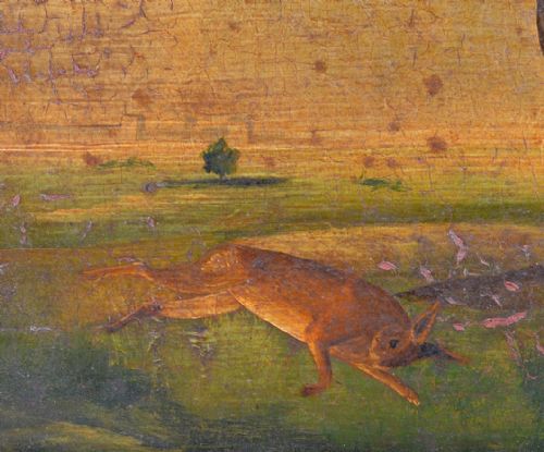 NAIVE SCHOOL GREYHOUND WITH DEAD HARE IN A LANDSCAPE OIL ON PANEL C1840 - ADDITIONAL PHOTO 1