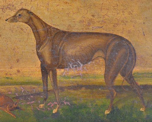 NAIVE SCHOOL GREYHOUND WITH DEAD HARE IN A LANDSCAPE OIL ON PANEL C1840 - ADDITIONAL PHOTO 2