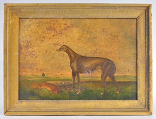 NAIVE SCHOOL GREYHOUND WITH DEAD HARE IN A LANDSCAPE OIL ON PANEL C1840 - ADDITIONAL PHOTO 3