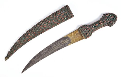 ottoman coral and turquoise inset gold damascened dagger 19th century - CATEGORY: ANTIQUE METAL - DATED 19TH CENTURY