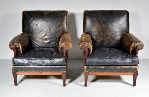 A PAIR OF FRENCH MAHOGANY AND BLACK LEATHER LIBRARY ARMCHAIRS C1900 - ADDITIONAL PHOTO 1