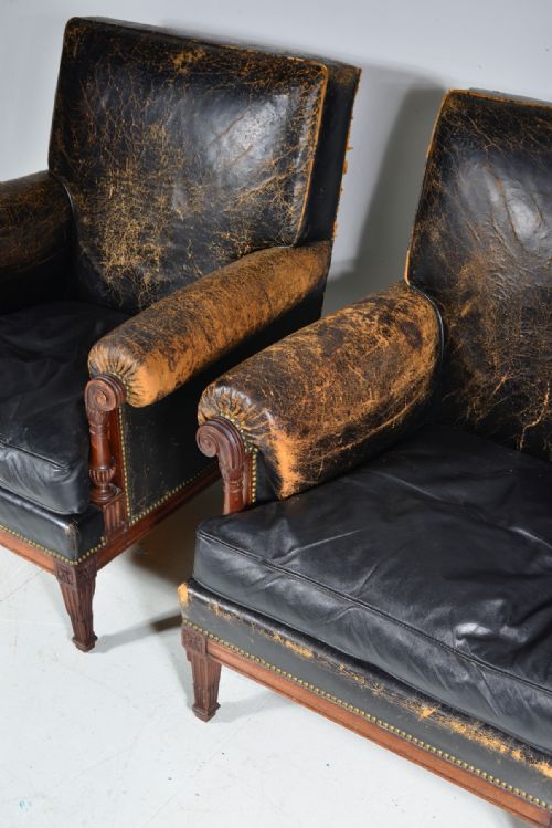 A PAIR OF FRENCH MAHOGANY AND BLACK LEATHER LIBRARY ARMCHAIRS C1900 - ADDITIONAL PHOTO 4
