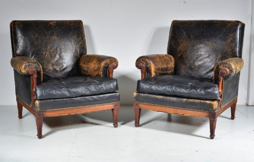 A PAIR OF FRENCH MAHOGANY AND BLACK LEATHER LIBRARY ARMCHAIRS C1900 - ADDITIONAL PHOTO 5