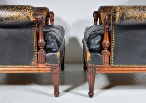 A PAIR OF FRENCH MAHOGANY AND BLACK LEATHER LIBRARY ARMCHAIRS C1900 - ADDITIONAL PHOTO 7