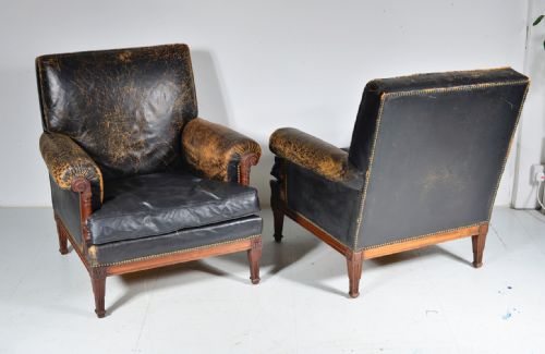 A PAIR OF FRENCH MAHOGANY AND BLACK LEATHER LIBRARY ARMCHAIRS C1900 - ADDITIONAL PHOTO 8