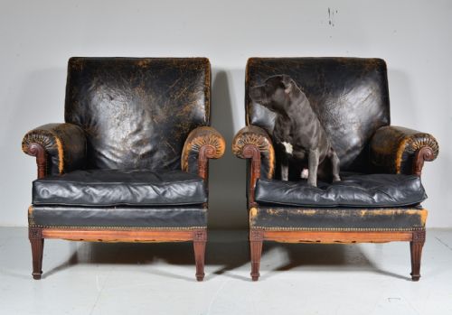 A PAIR OF FRENCH MAHOGANY AND BLACK LEATHER LIBRARY ARMCHAIRS C1900 - ADDITIONAL PHOTO 13