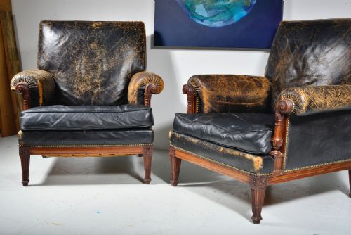A PAIR OF FRENCH MAHOGANY AND BLACK LEATHER LIBRARY ARMCHAIRS C1900 - ADDITIONAL PHOTO 21