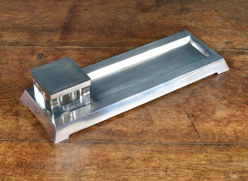 ART DECO ENGINE TURNED SILVER PEN AND INK STAND BY GOLDSMITHS SILVERSMITHS CO LONDON 1936 - ADDITIONAL PHOTO 4