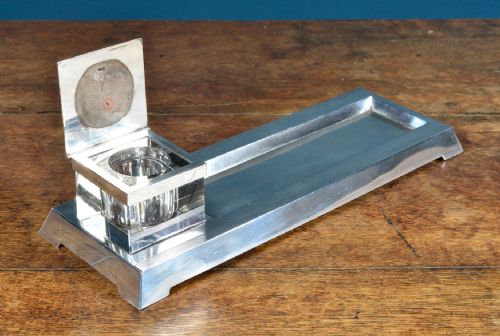 ART DECO ENGINE TURNED SILVER PEN AND INK STAND BY GOLDSMITHS SILVERSMITHS CO LONDON 1936 - ADDITIONAL PHOTO 5
