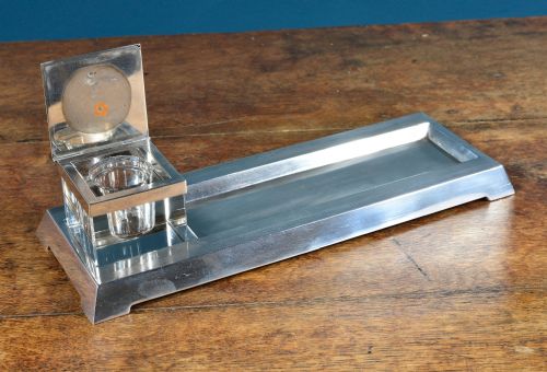 ART DECO ENGINE TURNED SILVER PEN AND INK STAND BY GOLDSMITHS SILVERSMITHS CO LONDON 1936 - ADDITIONAL PHOTO 7