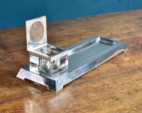 ART DECO ENGINE TURNED SILVER PEN AND INK STAND BY GOLDSMITHS SILVERSMITHS CO LONDON 1936 - ADDITIONAL PHOTO 8