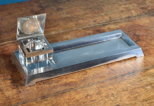 ART DECO ENGINE TURNED SILVER PEN AND INK STAND BY GOLDSMITHS SILVERSMITHS CO LONDON 1936 - ADDITIONAL PHOTO 10
