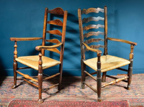 two fruit wood and elm country ladderback rush seat armchairs 18th 19th c - CATEGORY: ANTIQUE CHAIRS - DATED 18TH CENTURY