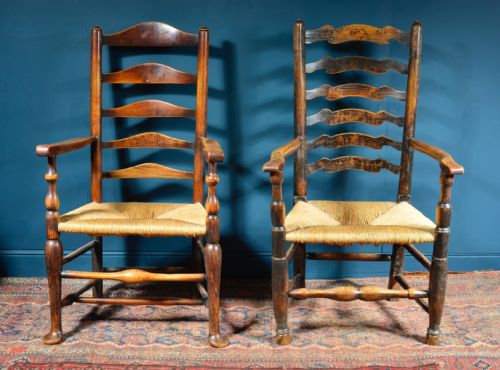 TWO FRUIT WOOD AND ELM COUNTRY LADDERBACK RUSH SEAT ARMCHAIRS 18TH 19TH C - ADDITIONAL PHOTO 1