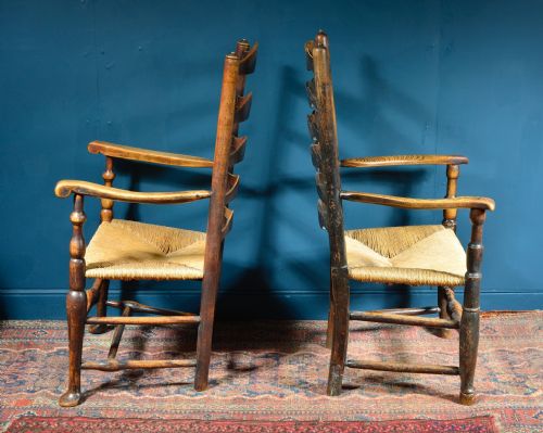 TWO FRUIT WOOD AND ELM COUNTRY LADDERBACK RUSH SEAT ARMCHAIRS 18TH 19TH C - ADDITIONAL PHOTO 2
