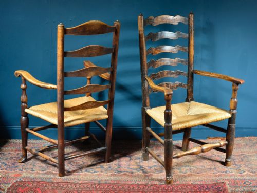 TWO FRUIT WOOD AND ELM COUNTRY LADDERBACK RUSH SEAT ARMCHAIRS 18TH 19TH C - ADDITIONAL PHOTO 3