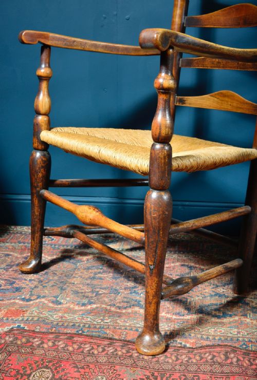TWO FRUIT WOOD AND ELM COUNTRY LADDERBACK RUSH SEAT ARMCHAIRS 18TH 19TH C - ADDITIONAL PHOTO 5